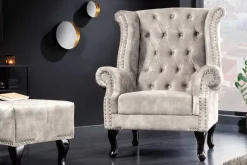 Design Ohrensessel CHESTERFIELD 105cm champagner beige Samt silber Ziernieten