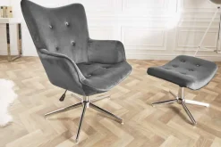 Design Sessel MR. LOUNGER grau chrom Samt höhenverstellbar drehbar Retro