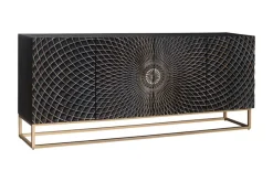 Design Sideboard ILLUSION 180cm schwarz Mangoholz Massivholz mit 3D Schnitzereien gold Eisen Metallgestell
