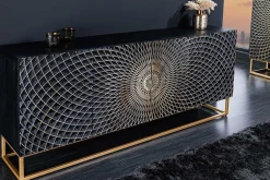 Design Sideboard ILLUSION 180cm schwarz Mangoholz Massivholz mit 3D Schnitzereien gold Eisen Metallgestell