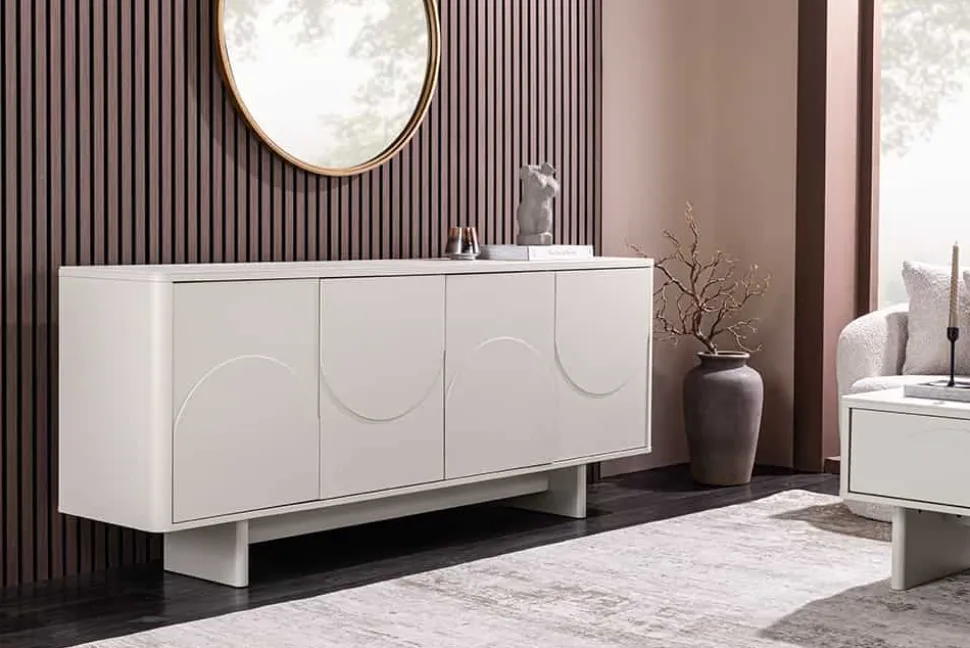 Design Sideboard SAVOY 180cm kaschmir weiß Marmor Keramik mit Stauraum und 3D-Front