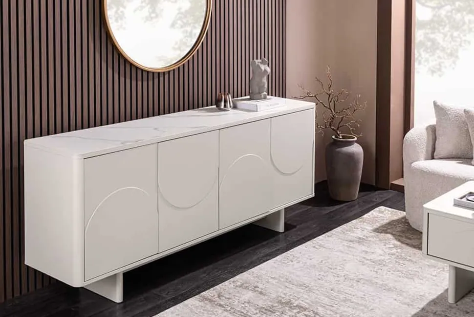 Design Sideboard SAVOY 180cm kaschmir weiß Marmor Keramik mit Stauraum und 3D-Front