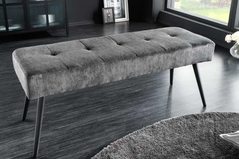 Design Sitzbank BOUTIQUE 100cm dunkelgrau Cord schwarze Metallbeine