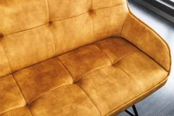 Design Sitzbank EUPHORIA 160cm senfgelb Samt Retrostil Ziersteppung Hairpin Legs Metallbeine Armlehnen