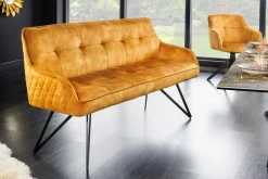 Design Sitzbank EUPHORIA 160cm senfgelb Samt Retrostil Ziersteppung Hairpin Legs Metallbeine Armlehnen