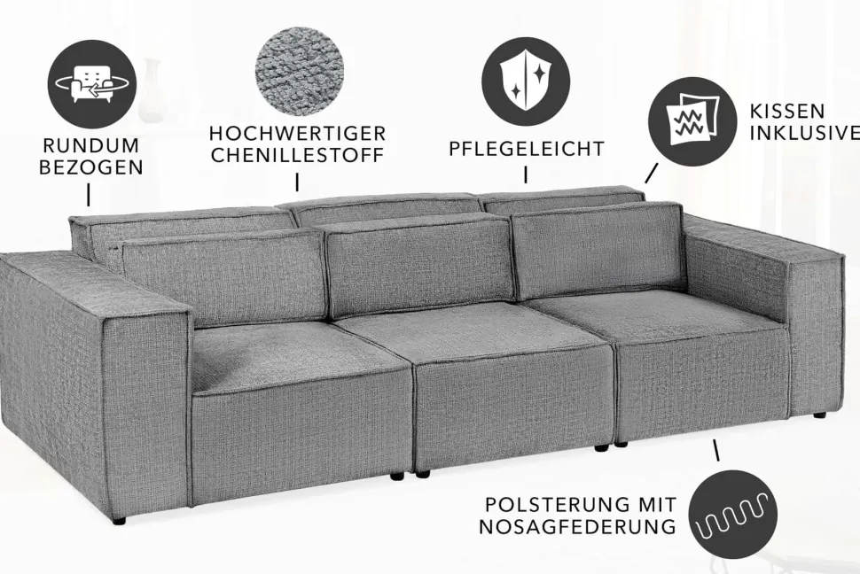 Design 3-Sitzer Sofa BOSSA NOVA 260cm grau Chenille XXL-Couch