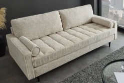 Design Sofa COZY VELVET 220cm beige Chenille Federkern 3-Sitzer mit goldener Kappe