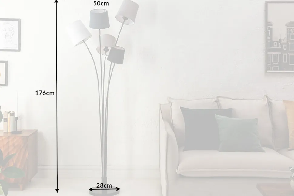 Design Stehlampe LEVELS 176cm schwarz grau mit 5 Leinenschirmen
