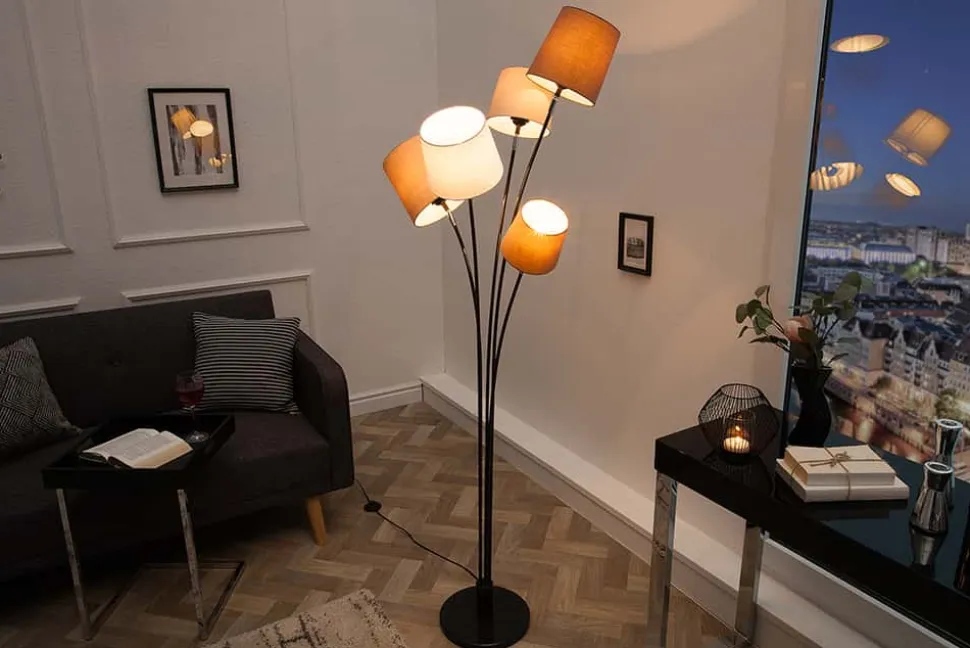 Design Stehlampe LEVELS 176cm weiß beige braun mit 5 Leinenschirmen