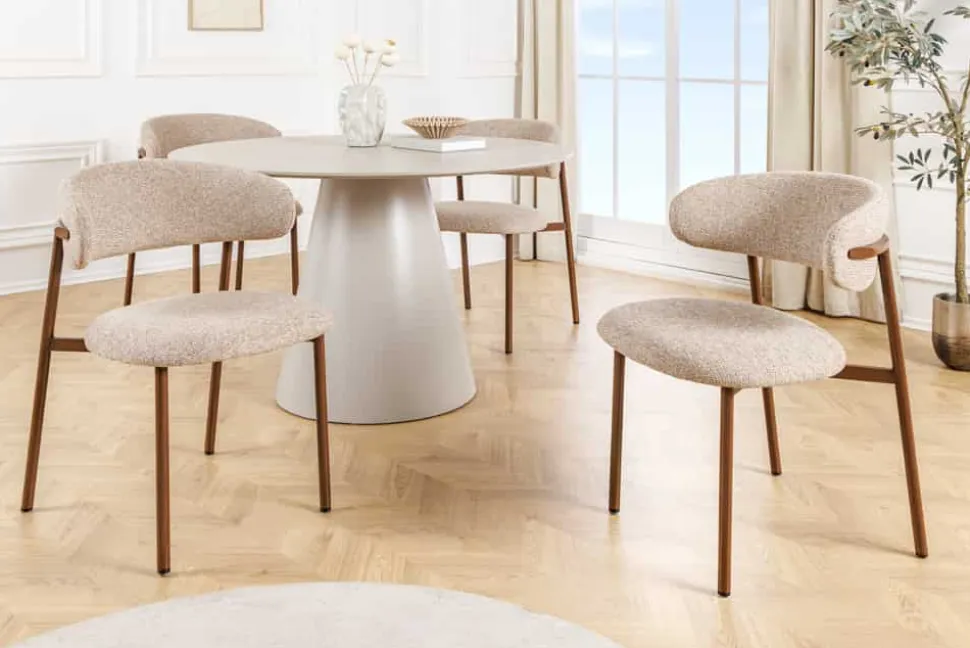 Design Stuhl BELFORT taupe beige Strukturstoff Metallgestell Walnuss
