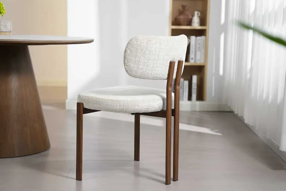 Design Stuhl BELLANO creme beige Chenille Cremona Metallgestell Walnuss