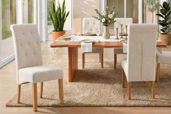 Design Stuhl CASA beige Bouclé Tweed Soft Massivholzbeine Zierknöpfe und Nackenrolle