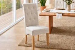 Design Stuhl CASA beige Bouclé Tweed Soft Massivholzbeine Zierknöpfe und Nackenrolle