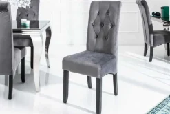 Design Stuhl CASA grau Samt mit Zierknöpfen Massivholzbeine