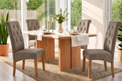 Design Stuhl CASA taupe Microfaser mit Zierknöpfen Massivholzbeine