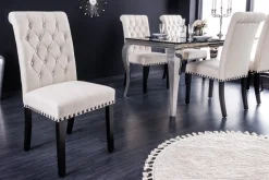 Design Stuhl CASTLE beige schwarz Strukturstoff Holzfüße Chesterfield