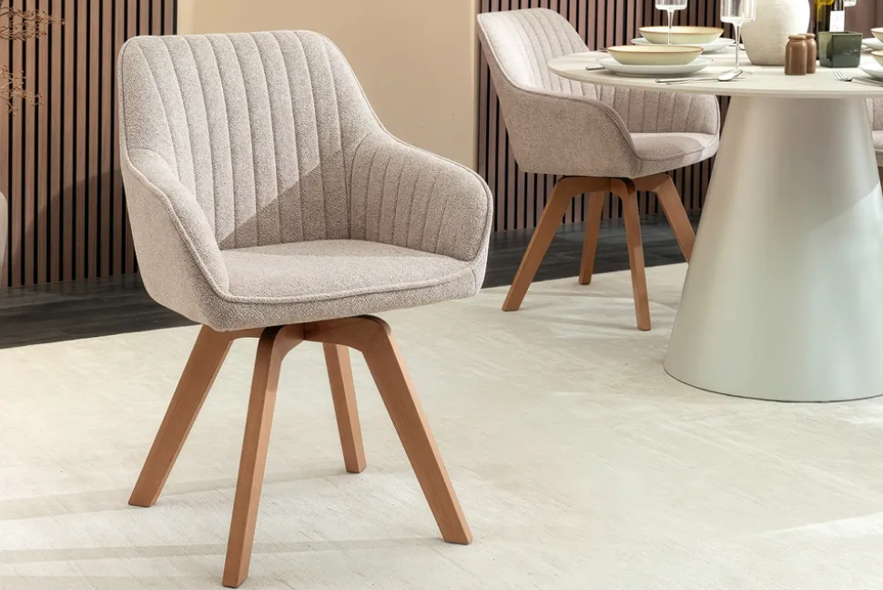 Design Stuhl LIVORNO beige Strukturstoff Massivholzbeine drehbar Auto-Return-Funktion