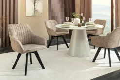 Design Stuhl LIVORNO taupe Strukturstoff schwarz Massivholz drehbar Auto-Return-Funktion