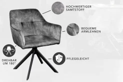Design Stuhl LOFT dunkelgrau Samt drehbar Metallgestell schwarz mit Armlehne