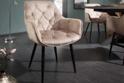 Design Stuhl MILANO champagner beige Samt mit Armlehne gepolstert schwarze Metallbeine
