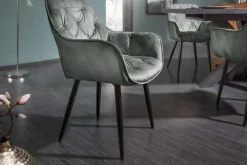Design Stuhl MILANO grün Samt mit Armlehne Ziersteppung gepolstert schwarze Metallbeine