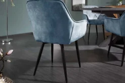 Design Stuhl MILANO petrol Samt mit Armlehne Ziersteppung gepolstert schwarze Metallbeine