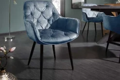 Design Stuhl MILANO petrol Samt mit Armlehne Ziersteppung gepolstert schwarze Metallbeine