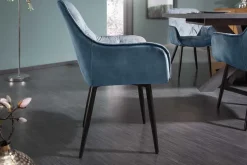 Design Stuhl MILANO petrol Samt mit Armlehne Ziersteppung gepolstert schwarze Metallbeine