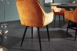 Design Stuhl MILANO senfgelb Samt mit Armlehne Ziersteppung gepolstert schwarze Metallbeine