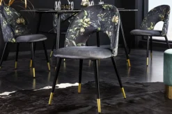 Design Stuhl PRÊT-À-PORTER grau Samt florales Muster und goldene Fußkappen