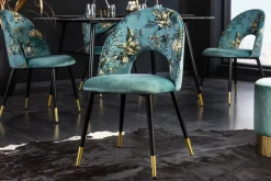 Design Stuhl PRÊT-À-PORTER türkis Samt florales Muster und goldene Fußkappen