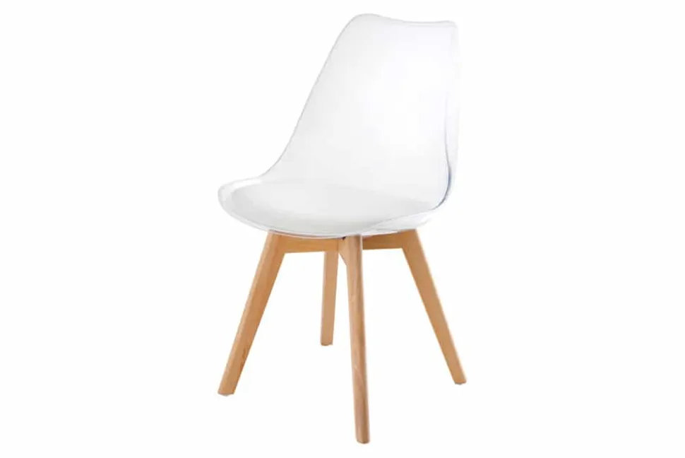Design Stuhl SCANDINAVIA MEISTERSTÜCK transparent weiß Kunststoff Buchenholz natur