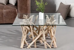 Design Teakholz Couchtisch DRIFTWOOD 80cm mit Glasplatte eckig