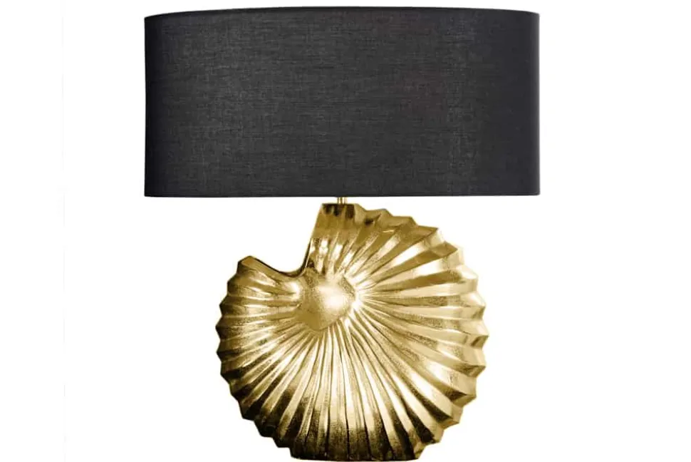Design Tischlampe SHELL 60cm gold schwarz Metall Stoffschirm maritim