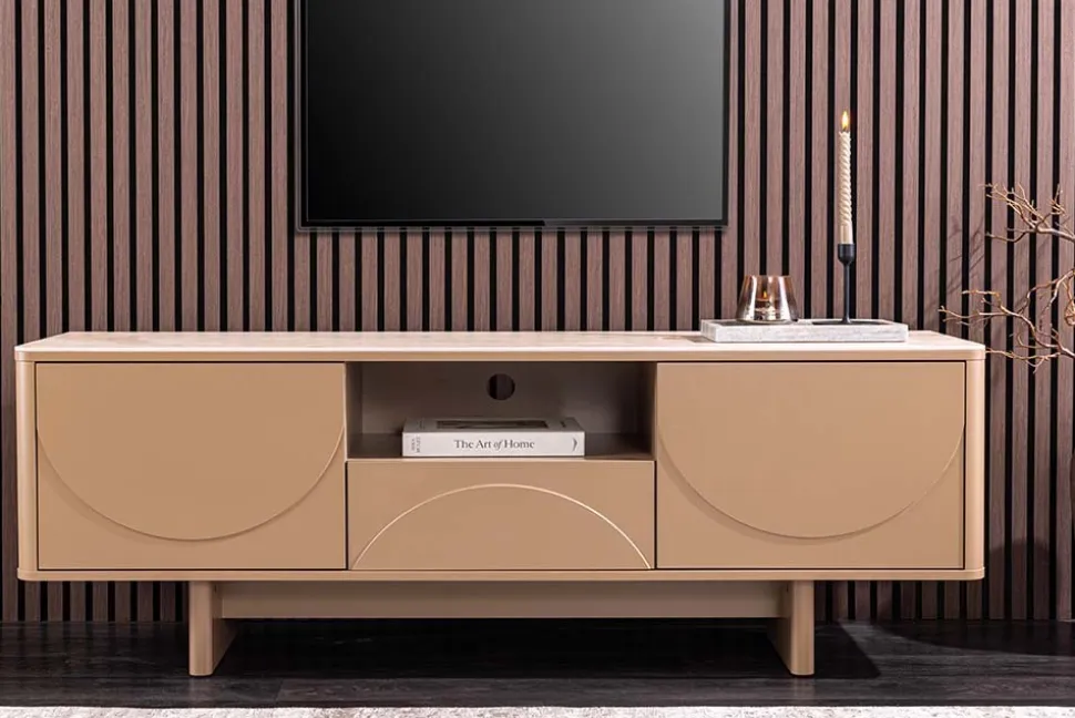 Design TV Board SAVOY 150cm grau beige greige Travertin Keramik mit Schublade 3D-Front