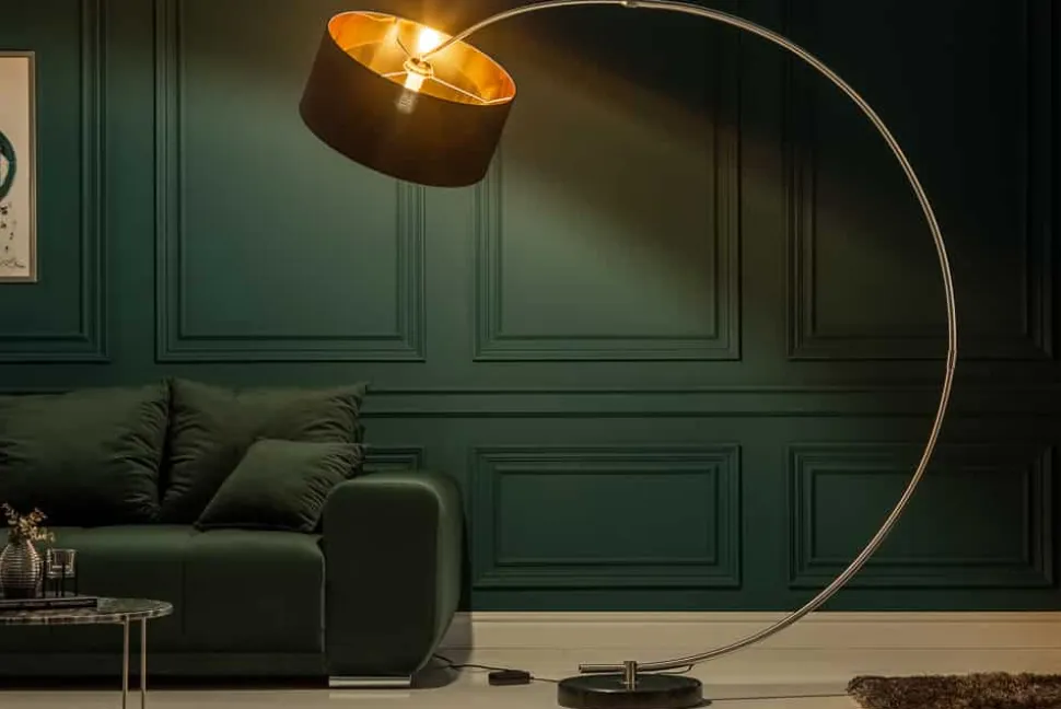 Dimmbare Bogenlampe PYTHON 190cm schwarz gold Retro Bogenleuchte