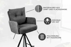 Drehbarer Design Barhocker BIG GEORGE anthrazit Samt Taschenfederkern mit Armlehnen