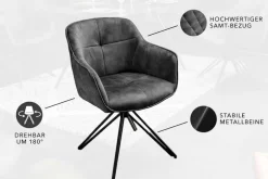 Drehbarer Design Stuhl EUPHORIA dunkelgrau Samt mit Armlehne Metallgestell schwarz