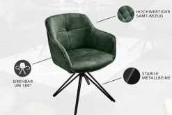 Drehbarer Design Stuhl EUPHORIA dunkelgrün Samt mit Armlehne Metallgestell schwarz
