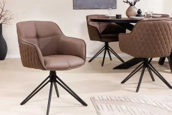 Drehbarer Design Stuhl EUPHORIA braun Echtleder schwarz Metallgestell mit Armlehne