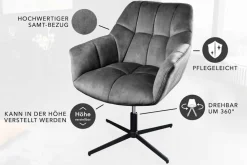 Drehbarer Sessel PAPILLON grau Samt schwarz Metall höhenverstellbar mit Armlehne