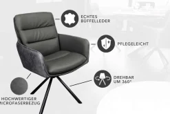 Drehbarer Stuhl BIG GEORGE grau Echtleder Microfaser mit Armlehne schwarze Metallbeine
