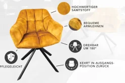Drehbarer Stuhl PAPILLON senfgelb Samt schwarze Metallbeine Armlehnen