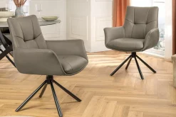 Drehbarer Stuhl SIGNATURE taupe Echtleder 360° mit Taschenfederkern schwarz Metall
