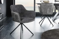 Drehbarer Stuhl VERONA dunkelgrau Samt Strukturstoff mit Armlehne Metallbeine schwarz