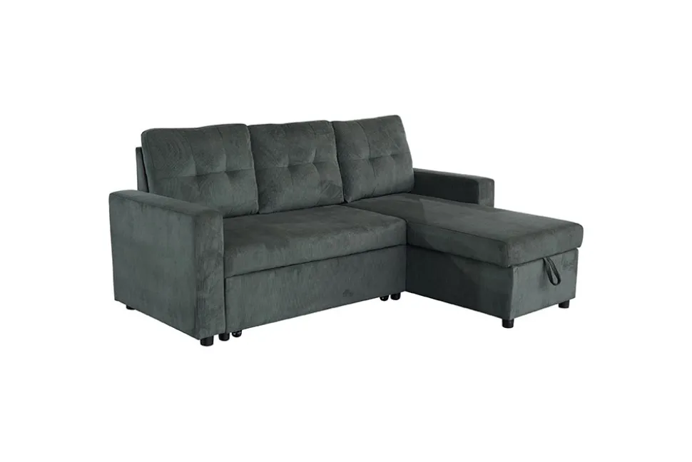 Ecksofa mit Schlaffunktion APARTMENT beidseitig aufbaubar grün Cord inkl. Stauraum