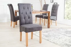 Edler Stuhl CASA vintage grau mit Zierknöpfen Massivholzbeine