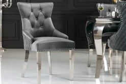 Eleganter Stuhl CASTLE DELUXE grau Samt Löwenkopf Chesterfield Design Esszimmerstuhl Nieten