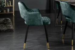 Eleganter Stuhl PARIS petrol Samt Ziersteppung Fußkappen gold Retro-Design mit Armlehnen
