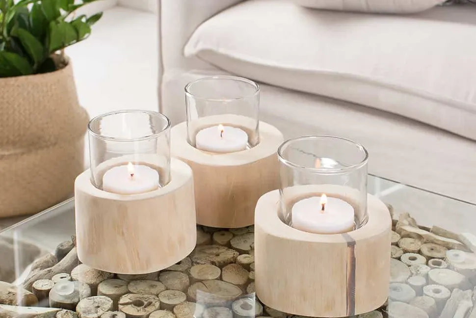 Elegantes 3er Set Windlicht LIMOTION Teakholz Outdoor Teelicht Kerzenhalter
